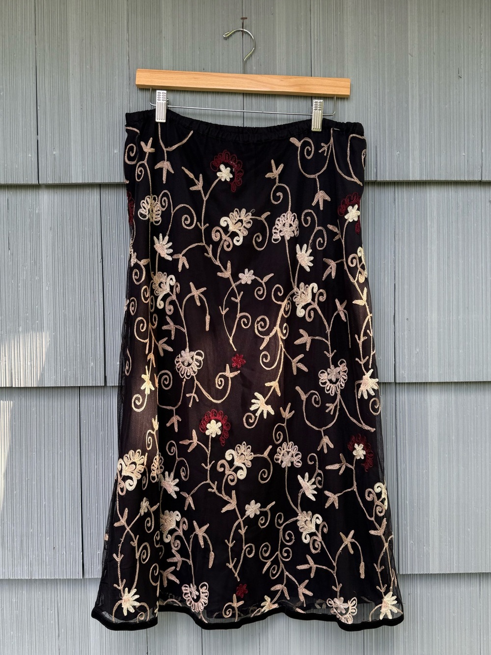 vintage 90s Laura Ashley black floral embroidered midi skirt, sheer with lining